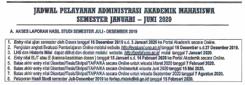 Jadwal Pelayanan Akademik Januari – Juni 2020