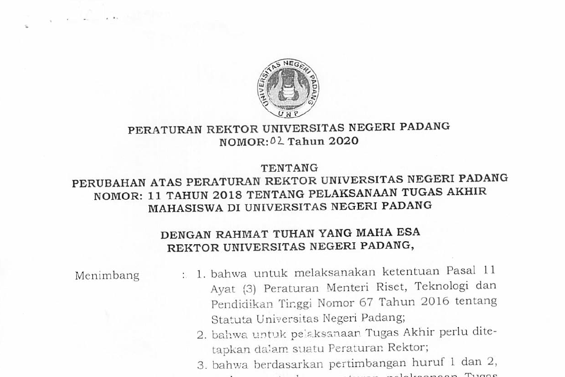 SK Rektor 2 tahun 2020 tentang perubahan atas Peraturan Rektor UNP No 11 tahun 2018